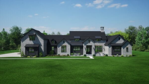 3D Rendering, house with black windows, exterior design