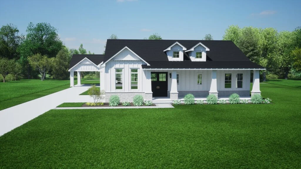 3d Rendering, farmhouse white house black windows