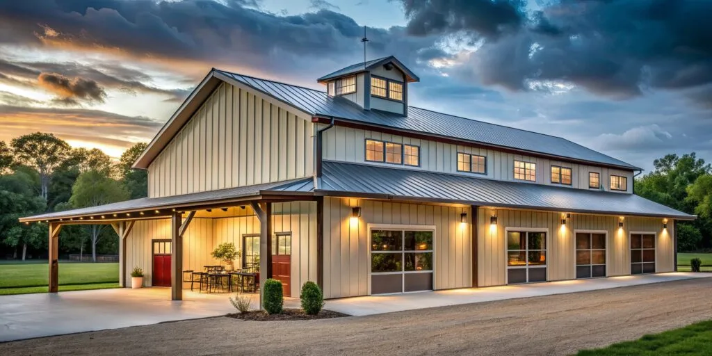Modern country barndominium with attached shop, barndominium, shop, modern, classic, country, rural, architecture, exterior barndominium rendering